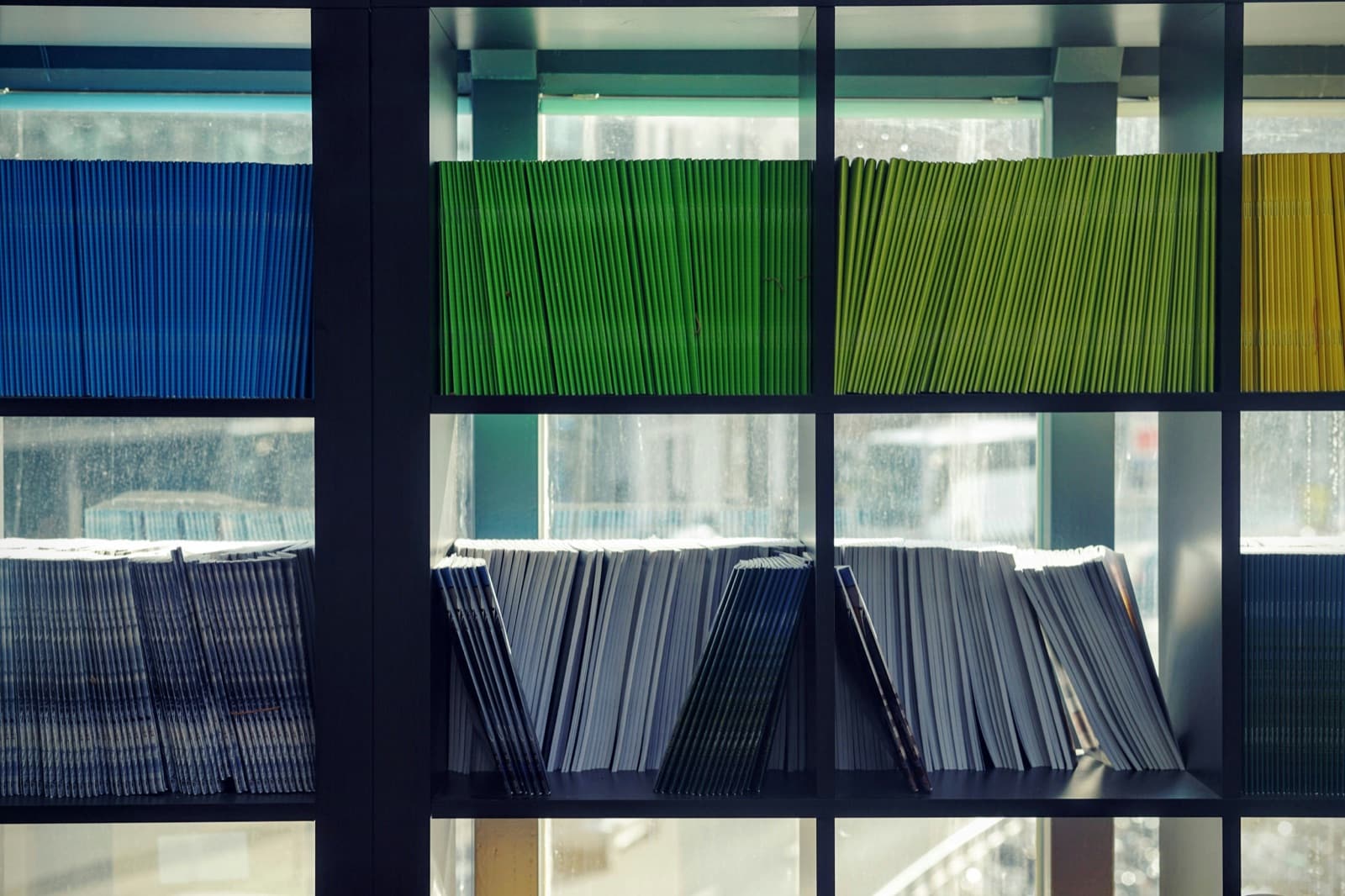 Colorful book spines lined up on library shelves